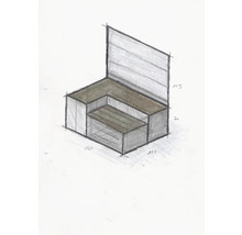 Schets van een hoekbank met de afmetingen 150, 100, 70 en 113 centimeter.