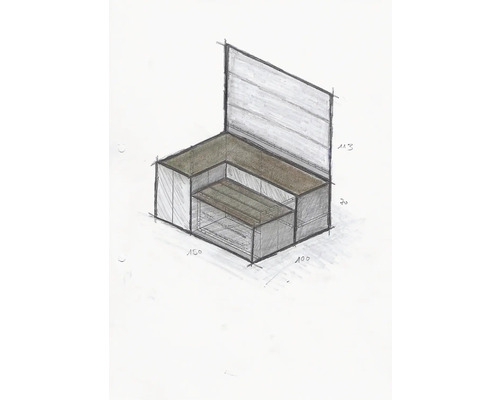 Schets van een hoekbank met de afmetingen 150, 100, 70 en 113 centimeter.