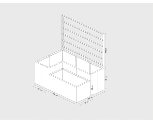Technische tekening van een verhoogde tuinbak met afmetingen 150 x 100 x 113 cm