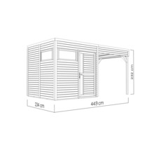 Tekening van een tuinhuis met overkapping en maatvoering