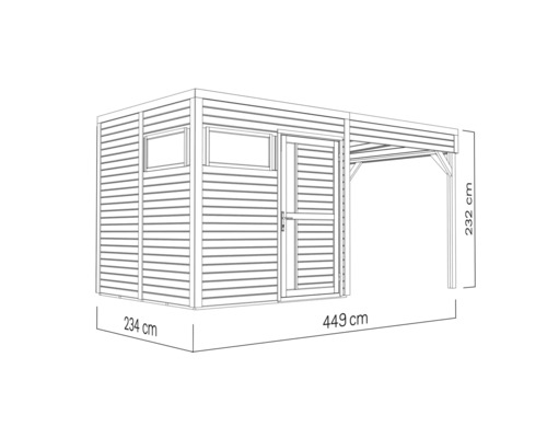 Tekening van een tuinhuis met overkapping en maatvoering