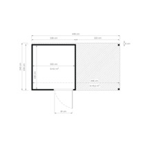 Plattegrondtekening van een tuinhuis met terras en maatvoering in centimeters
