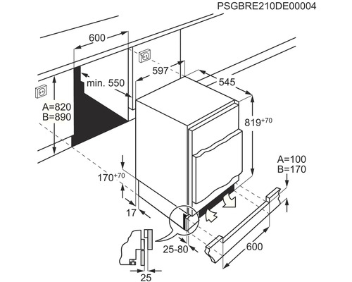 Technische tekening van een vaatwasser met maatvoering voor installatie