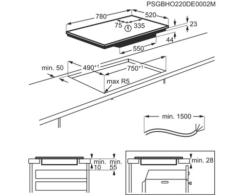 Technische tekening van een kookplaat met maataanduidingen voor installatie