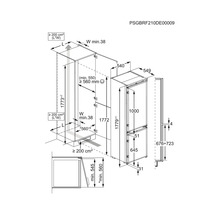 Technische tekening van een koelkast met afmetingen