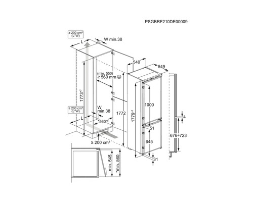 Technische tekening van een koelkast met afmetingen