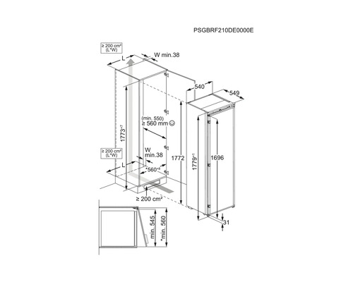 Maatschets van een koelkast met afmetingen