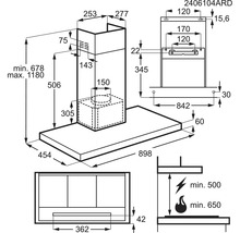 Technische tekening van een afzuigkap met afmetingen.