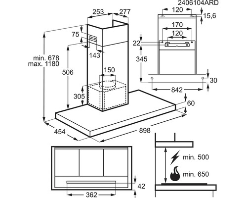 Technische tekening van een afzuigkap met afmetingen.