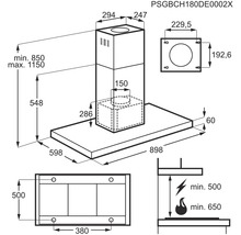 Technische tekening van een afzuigkap met maatvoering