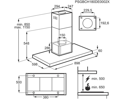 Technische tekening van een afzuigkap met maatvoering