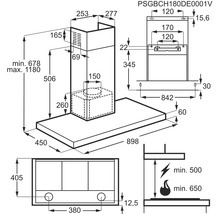 Technische tekening van een afzuigkap met maataanduidingen.