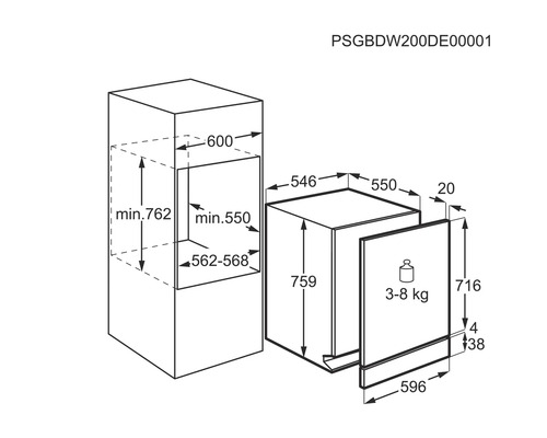 Technische tekening van een vaatwasser met maatvoering