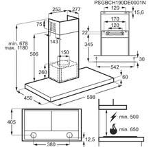Technische tekening van een afzuigkap met afmetingen