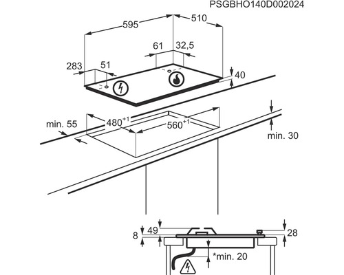 Afmetingen van een kookplaat als schema