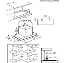 Technische tekening van een afzuigkap met afmetingen
