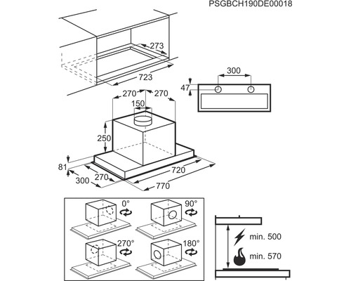 Technische tekening van een afzuigkap met afmetingen