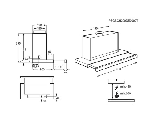 Technische tekening van een afzuigkap met afmetingen