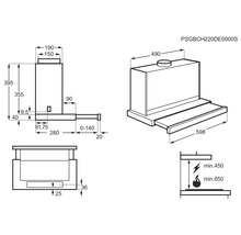 Afmetingen van de afzuigkap als technische tekening