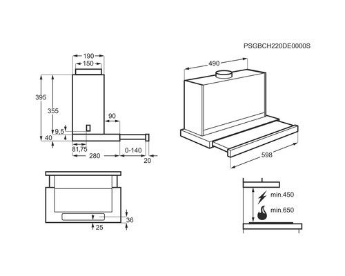 Afmetingen van de afzuigkap als technische tekening