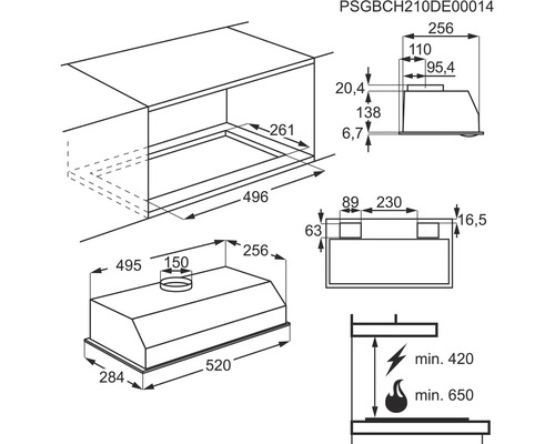 Technische tekening van een afzuigkap met afmetingen.