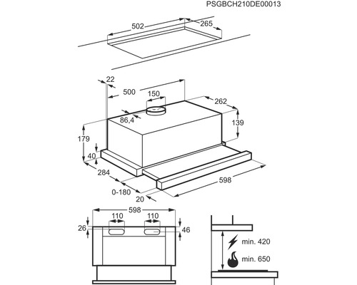Technische tekening van een afzuigkap met maataanduidingen.