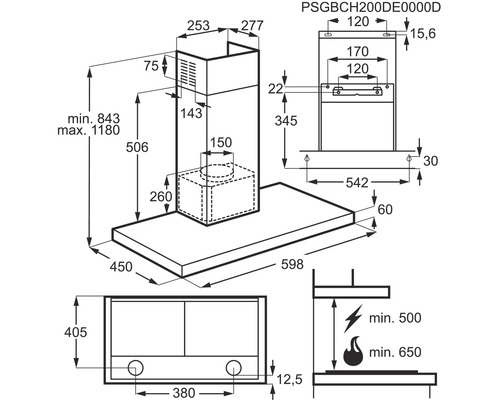 Technische tekening van een afzuigkap met afmetingen
