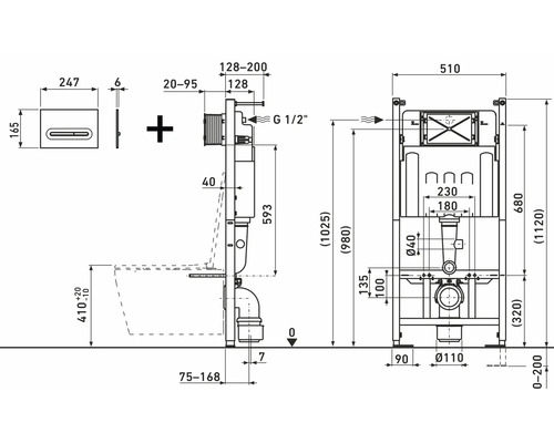 Technische tekening van een inbouwreservoir met maatvoering