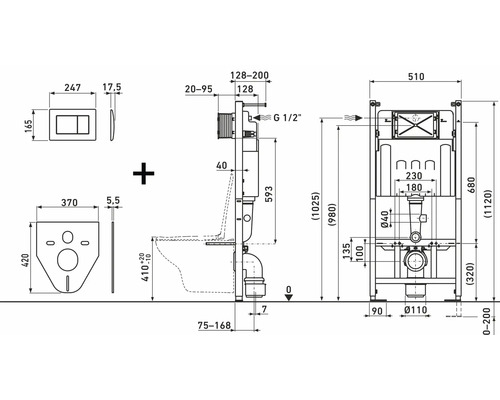 Technische tekening van een inbouwreservoir voor een toilet met afmetingen
