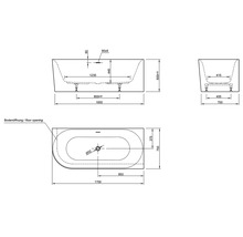 Technische tekening van een badkuip met afmetingen