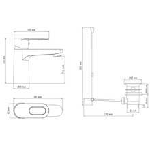 Technische tekening van een wastafelkraan met afmetingen