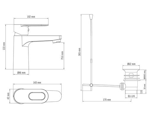 Technische tekening van een wastafelkraan met afmetingen