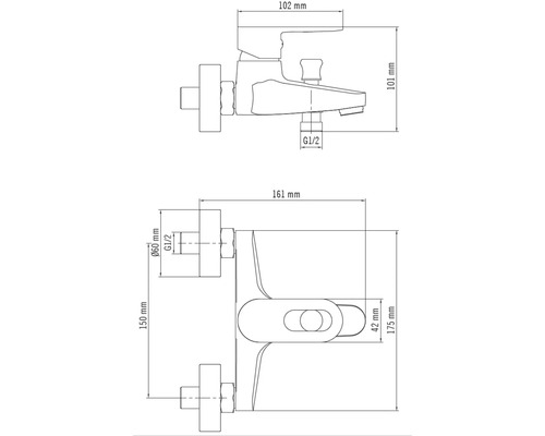 Technische tekening van een kraan met afmetingen