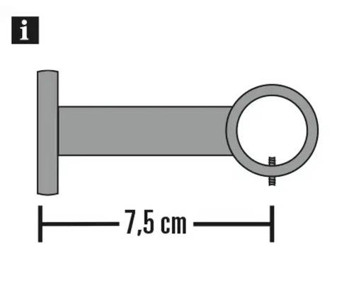 Wandsteun voor gordijnroedes met een lengte van 7,5 centimeter en symbool voor extra informatie.