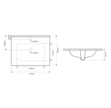 Technische tekening van een wastafel met afmetingen