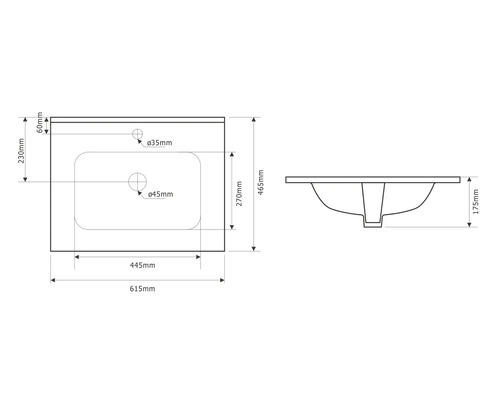 Technische tekening van een wastafel met afmetingen