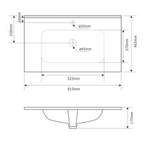 Technische tekening van een wastafel met afmetingen