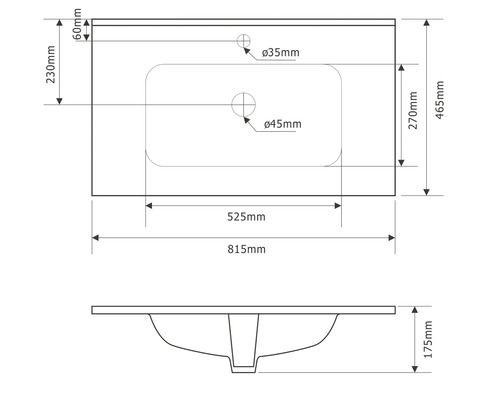 Technische tekening van een wastafel met afmetingen