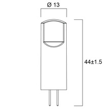Technische tekening van een G4 ledlamp met de afmetingen diameter 13 millimeter en een lengte van 44 millimeter plusminus 1,5 millimeter
