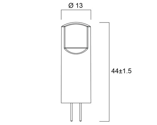 Technische tekening van een G4 ledlamp met de afmetingen diameter 13 millimeter en een lengte van 44 millimeter plusminus 1,5 millimeter
