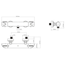 Technische tekening van een Avital thermostatische mengkraan met maatvoering