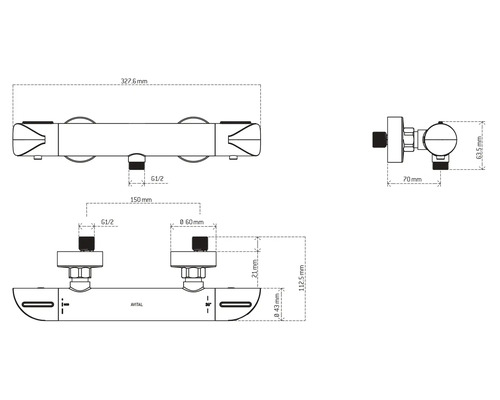 Technische tekening van een Avital thermostatische mengkraan met maatvoering