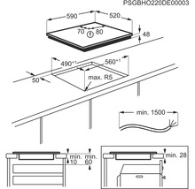 Technische tekening van een kookplaat met afmetingen voor installatie