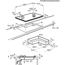 Technische tekening van een kookplaat met afmetingen
