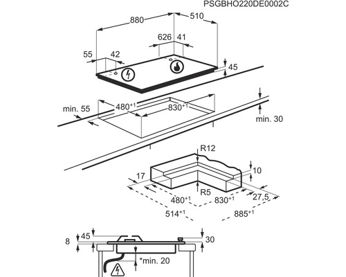 Technische tekening van een kookplaat met afmetingen