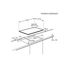Technische tekening van een kookplaat met afmetingen
