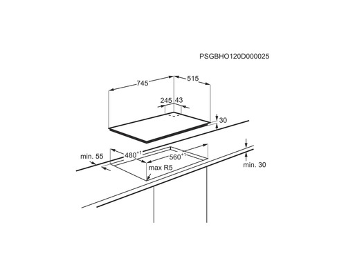 Technische tekening van een kookplaat met afmetingen