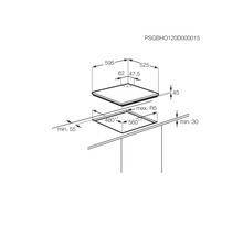 Technische tekening van een kookplaat met afmetingen