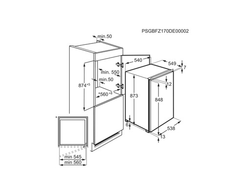 Technische tekening van een koelkast met maatvoering