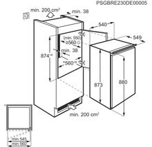 Maatschets van een koelkast met de afmetingen in centimeters